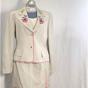 Spring Suit Dress Linen Blend 2 Piece Skirt Set Embroidered Quiet Luxury size 12